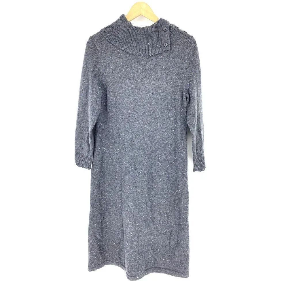Talbots Sweater Dress Size Medium Womens Gray Donegal Speckled Cowl Neck Knit